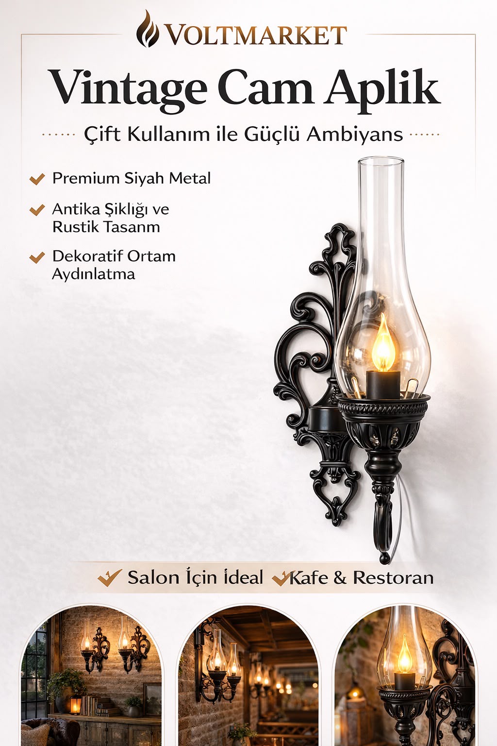 Voltmarket Vintage Cam Duvar Apliği Siyah Metal Gövde Rustik Dekoratif