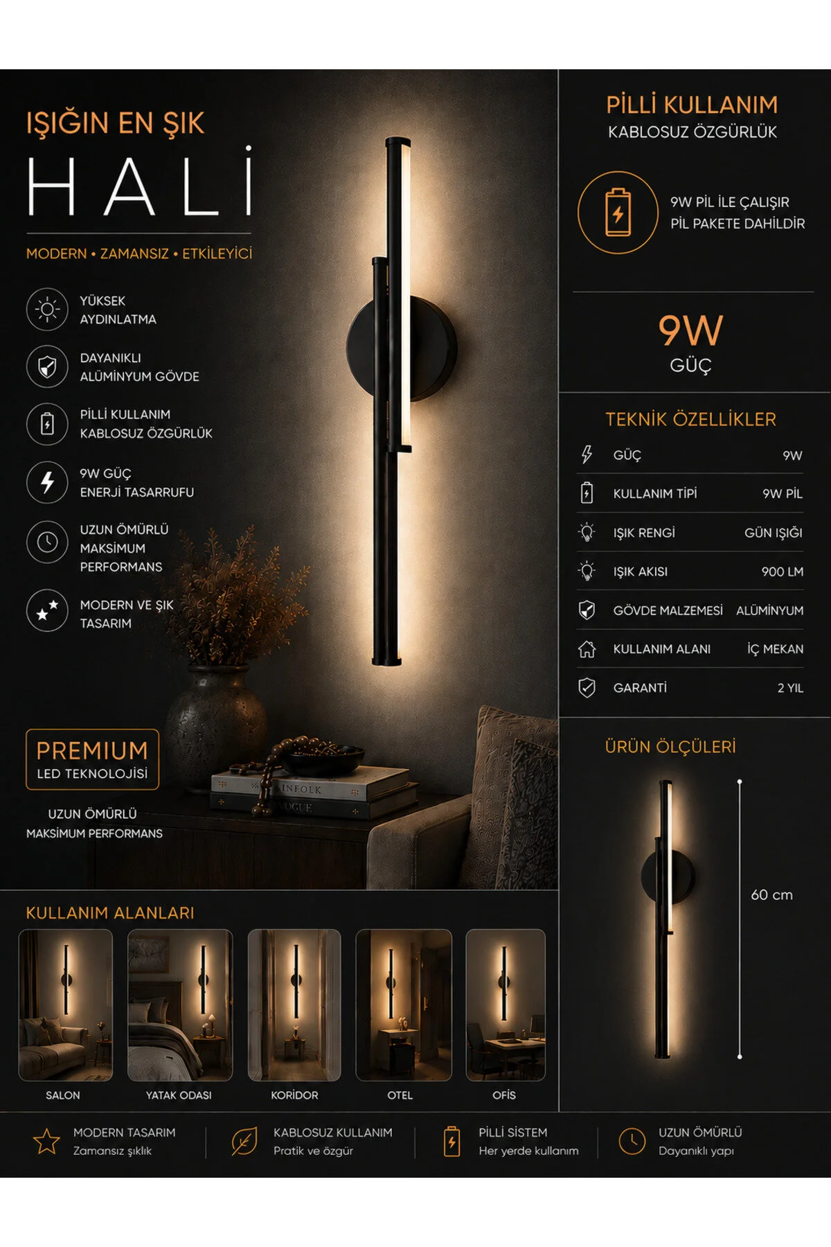Pilli LED Aplik 60 CM – Duvar Lambası – Siyah Modern Aydınlatma